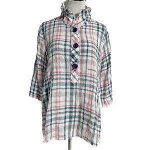 Terra SJ Apparel Medium Top Blouse Button Down Plaid Wired Collar Lagenlook Boho